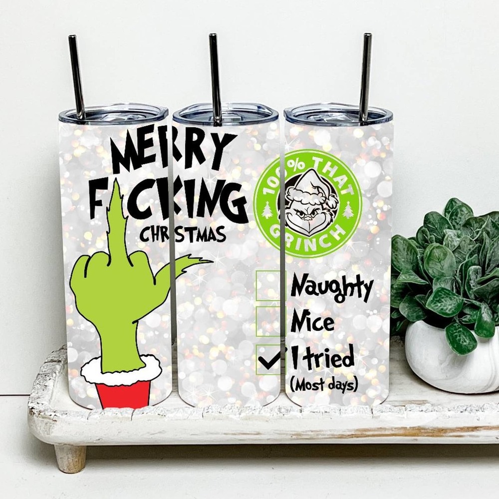 The Grinch Merry Fu***** Christmas 20oz Tumbler With Metal Straw